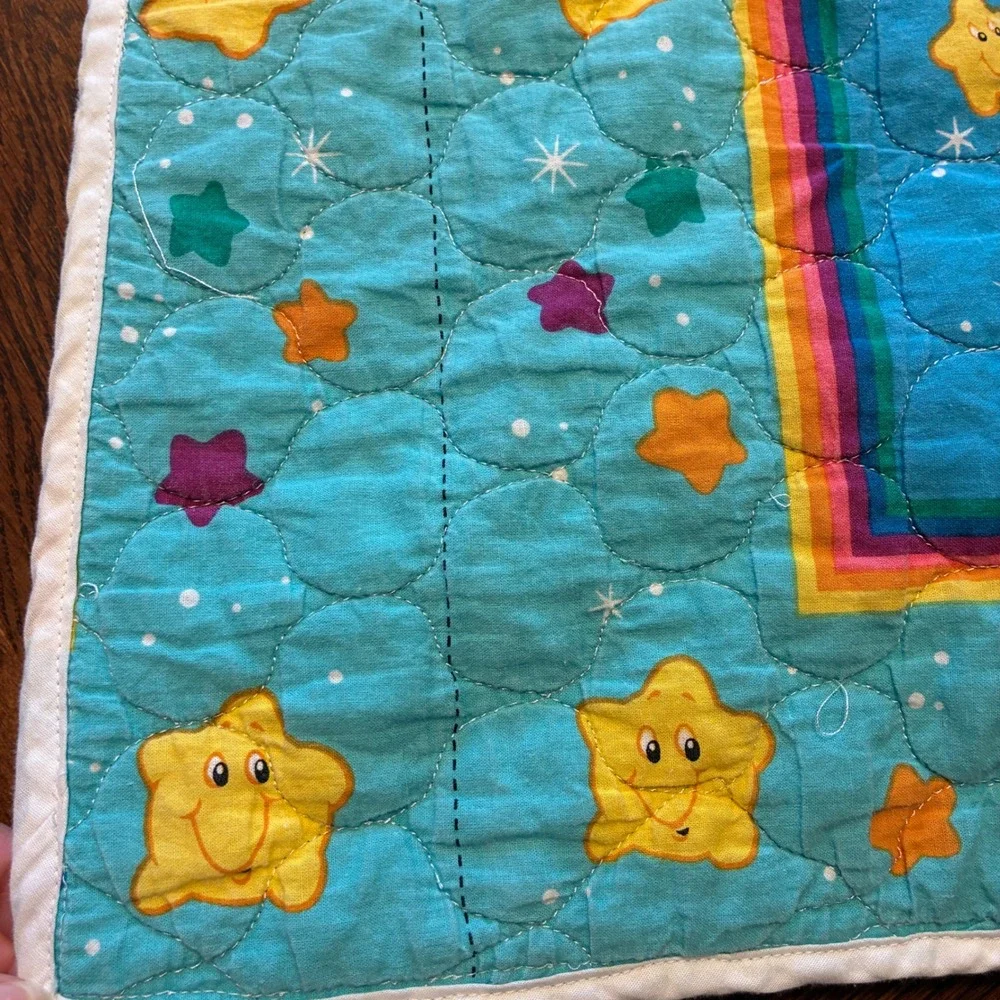 Vintage Care Bears Baby Quilt Handmade Blue Rainbow Trail Star Blanket